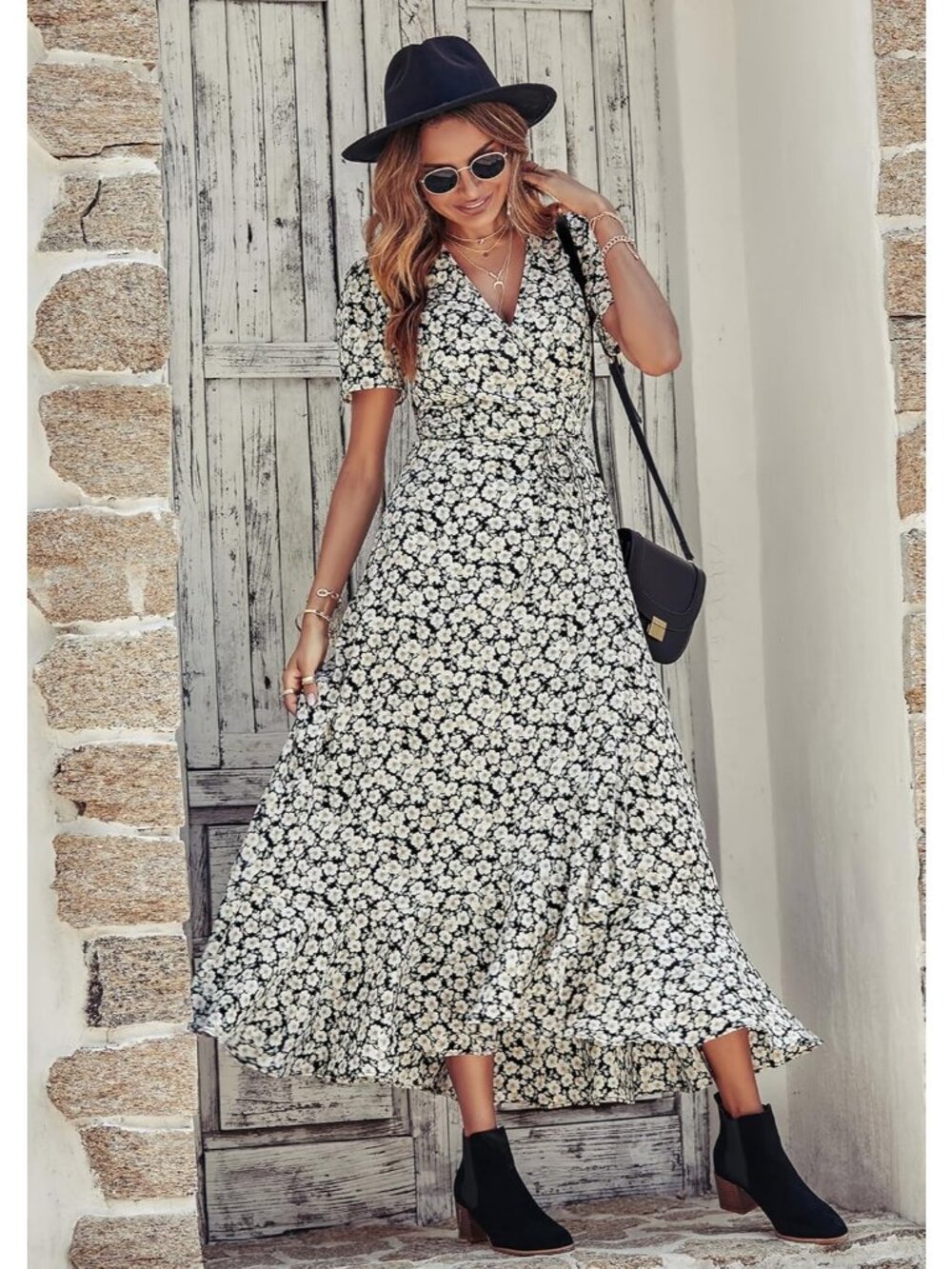 Women's Black White Floral V Neck Casual Short Sleeve Pull On Zipper Maxi Dress - Picture 6 of 6